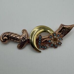 Vintage 1940s Sterling by Coro Vermeil Scimitar Sword Crescent Moon Brooch Pin